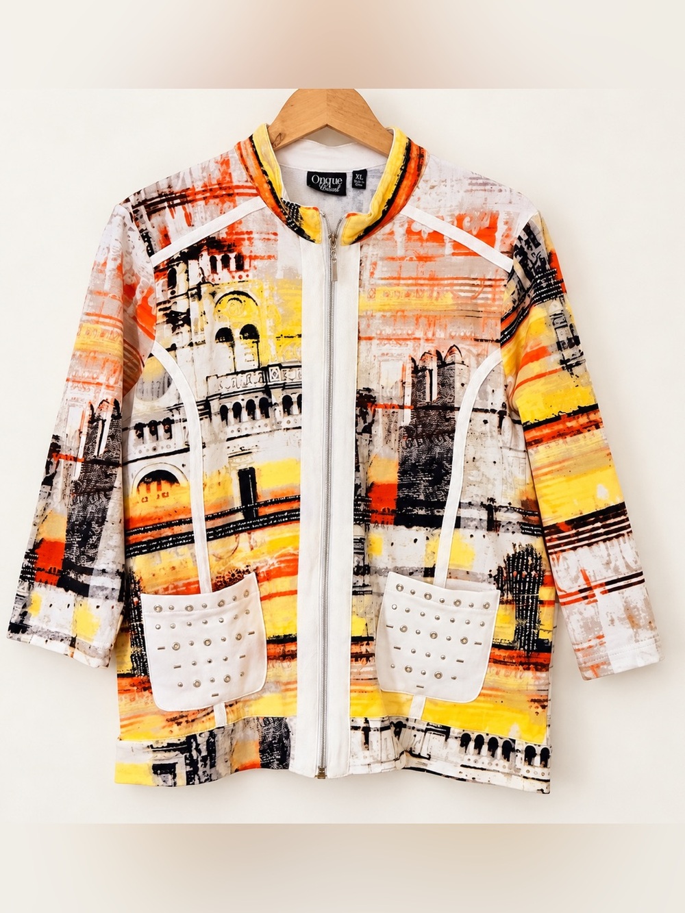 Onque Casual XL Abstract Architectural Print Zip Jacket Studded Pockets